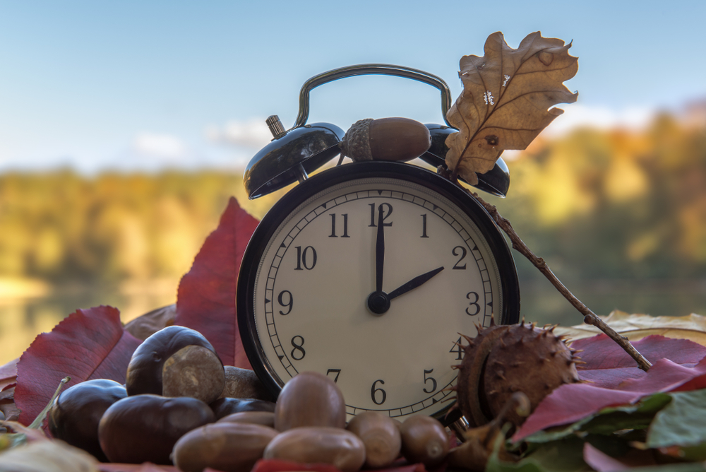 A clock is surrounded by harvest decor--acorns and leaves--to show that it’s time to ‘fall back.’