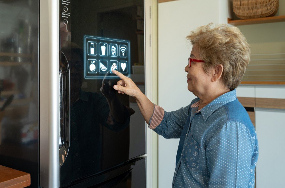 A smart refrigerator features a tech-savvy touch screen