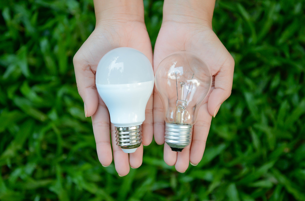 Hands hold an LED bulb on the left and a flourescent bulb on the right set against a grass background